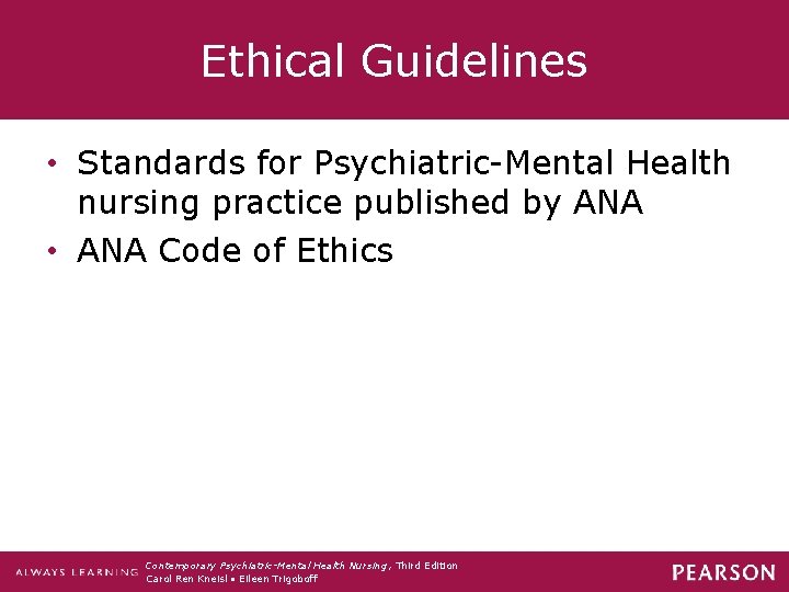 Ethical Guidelines • Standards for Psychiatric-Mental Health nursing practice published by ANA • ANA
