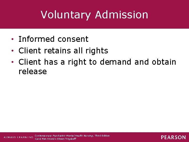 Voluntary Admission • Informed consent • Client retains all rights • Client has a