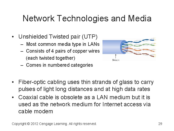 Network Technologies and Media • Unshielded Twisted pair (UTP) – Most common media type Network Technologies and Media • Unshielded Twisted pair (UTP) – Most common media type