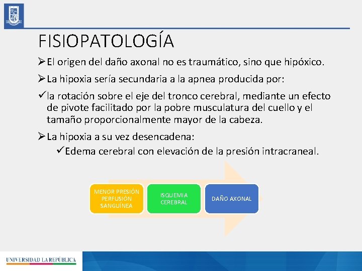 FISIOPATOLOGÍA ØEl origen del daño axonal no es traumático, sino que hipóxico. ØLa hipoxia