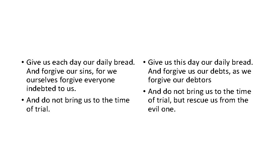 • Give us each day our daily bread. • Give us this day