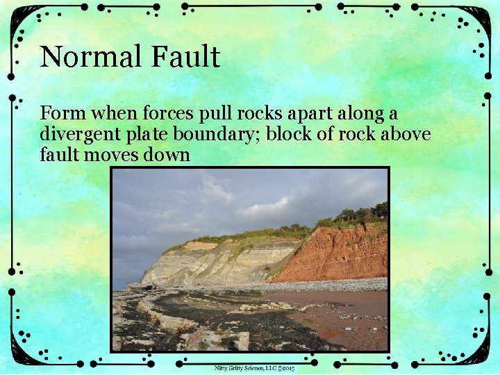 Normal Fault Form when forces pull rocks apart along a divergent plate boundary; block