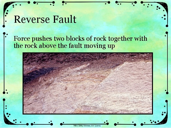 Reverse Fault Force pushes two blocks of rock together with the rock above the