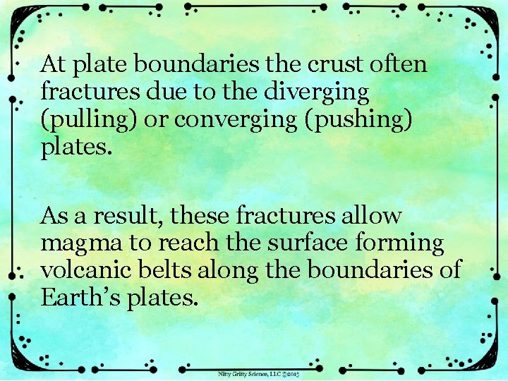 At plate boundaries the crust often fractures due to the diverging (pulling) or converging