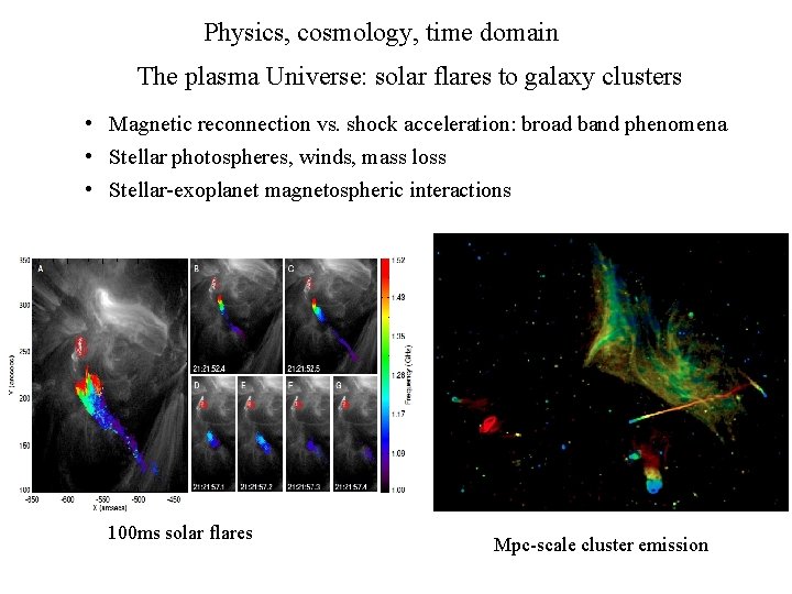 Physics, cosmology, time domain The plasma Universe: solar flares to galaxy clusters • Magnetic