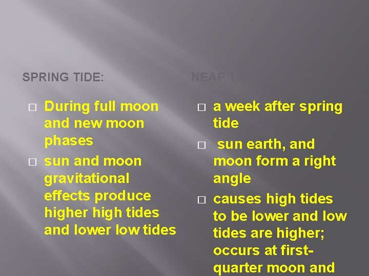 SPRING TIDE: � � During full moon and new moon phases sun and moon