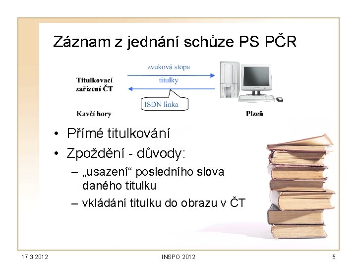Záznam z jednání schůze PS PČR • Přímé titulkování • Zpoždění - důvody: –