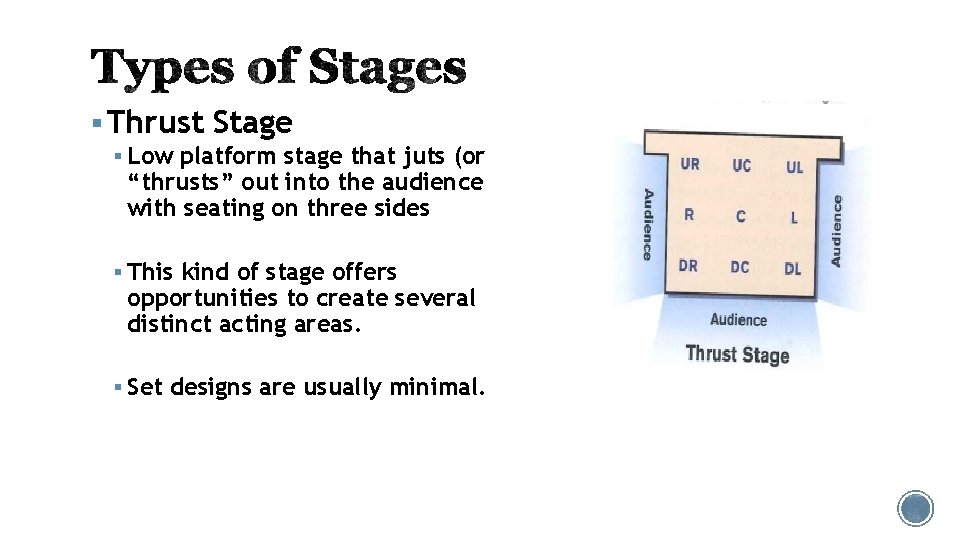 § Thrust Stage § Low platform stage that juts (or “thrusts” out into the § Thrust Stage § Low platform stage that juts (or “thrusts” out into the