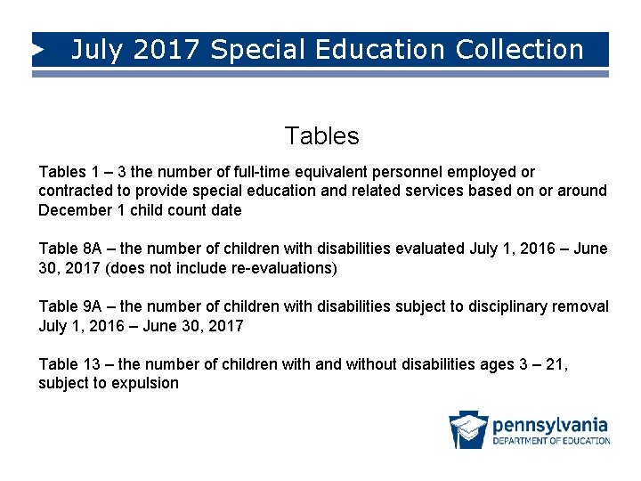 July 2017 Special Education Collection Tables 1 – 3 the number of full-time equivalent