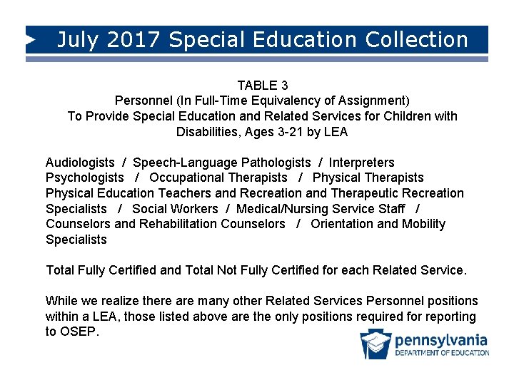 July 2017 Special Education Collection TABLE 3 Personnel (In Full-Time Equivalency of Assignment) To