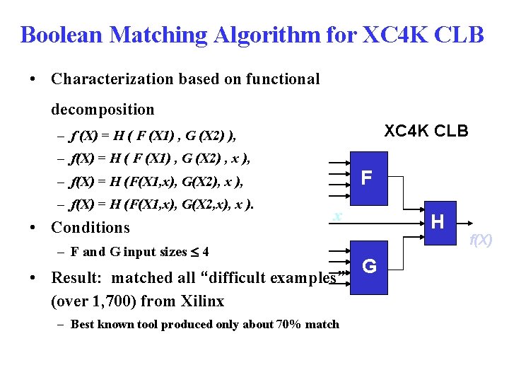 Boolean Matching Algorithm for XC 4 K CLB • Characterization based on functional decomposition