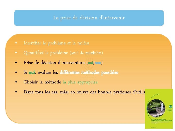 La prise de décision d’intervenir • • • Identifier le problème et le milieu