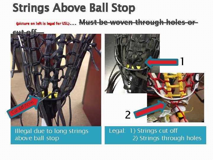 Strings Above Ball Stop … Must be woven through holes or (picture on left