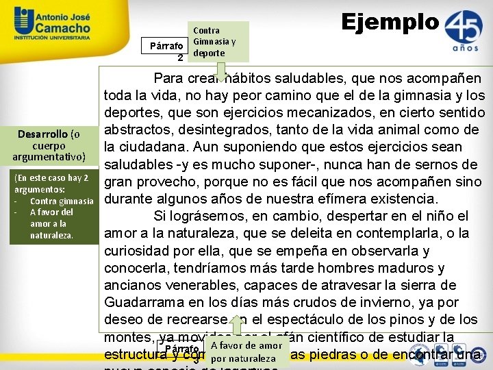 Párrafo 2 Desarrollo (o cuerpo argumentativo) (En este caso hay 2 argumentos: - Contra