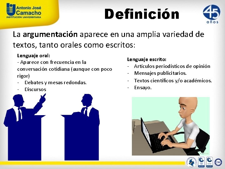Definición La argumentación aparece en una amplia variedad de textos, tanto orales como escritos: