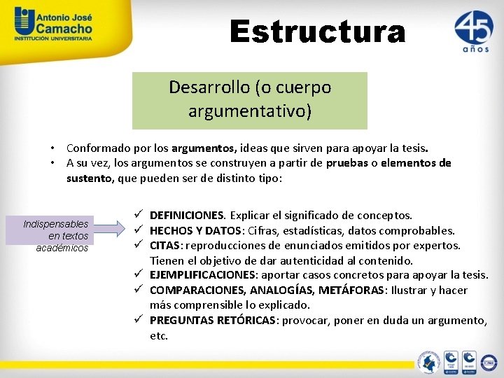 Estructura Desarrollo (o cuerpo argumentativo) • Conformado por los argumentos, ideas que sirven para