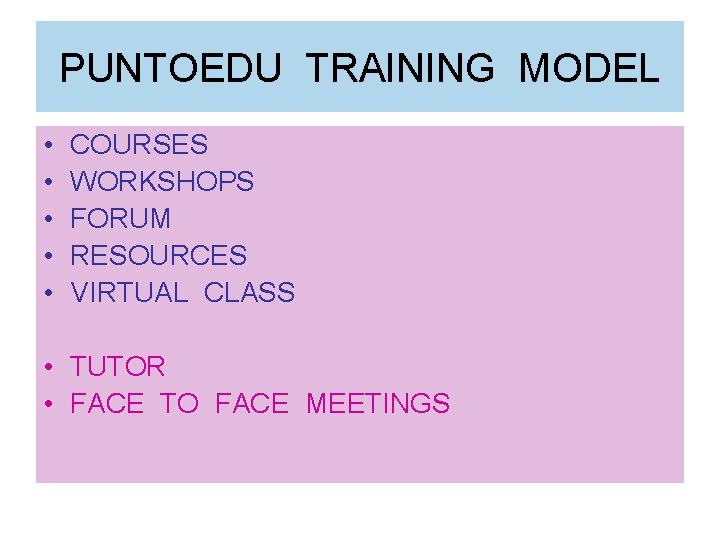 PUNTOEDU TRAINING MODEL • • • COURSES WORKSHOPS FORUM RESOURCES VIRTUAL CLASS • TUTOR PUNTOEDU TRAINING MODEL • • • COURSES WORKSHOPS FORUM RESOURCES VIRTUAL CLASS • TUTOR