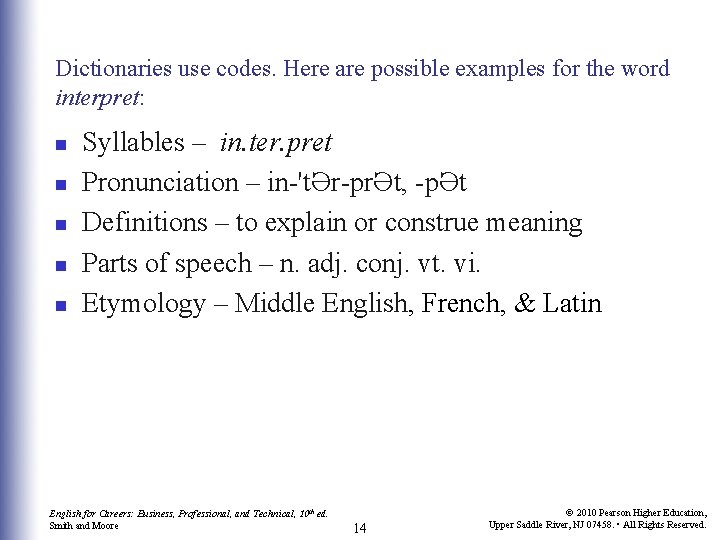 Dictionaries use codes. Here are possible examples for the word interpret: n n n