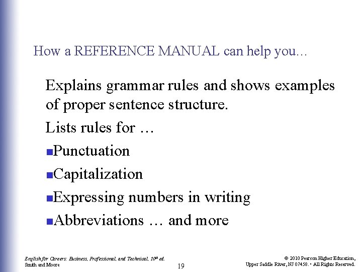 How a REFERENCE MANUAL can help you… Explains grammar rules and shows examples of