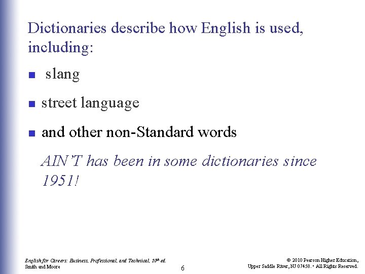 Dictionaries describe how English is used, including: n slang n street language n and
