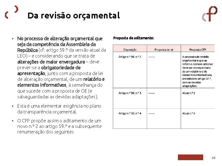 Da revisão orçamental • No processo de alteração orçamental que seja da competência da