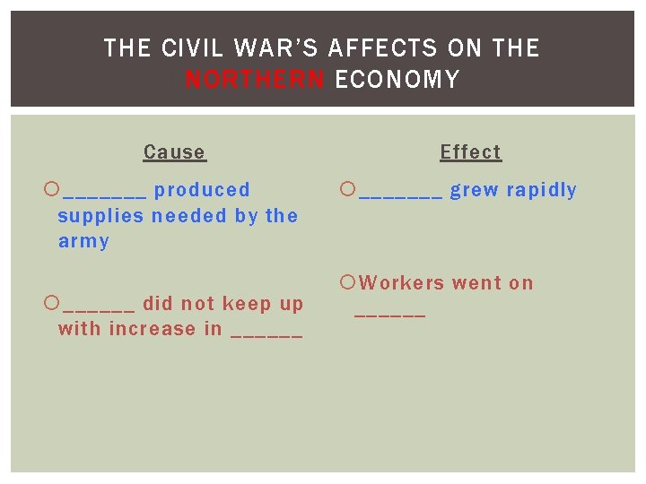 THE CIVIL WAR’S AFFECTS ON THE NORTHERN ECONOMY Cause _______ produced supplies needed by THE CIVIL WAR’S AFFECTS ON THE NORTHERN ECONOMY Cause _______ produced supplies needed by