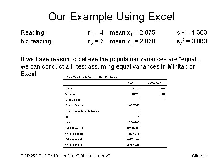 Our Example Using Excel Reading: No reading: n 1 = 4 mean x 1