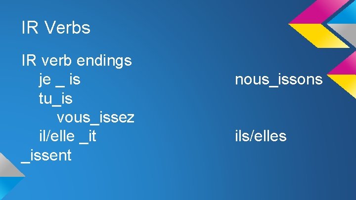 IR Verbs IR verb endings je _ is tu_is vous_issez il/elle _it _issent nous_issons