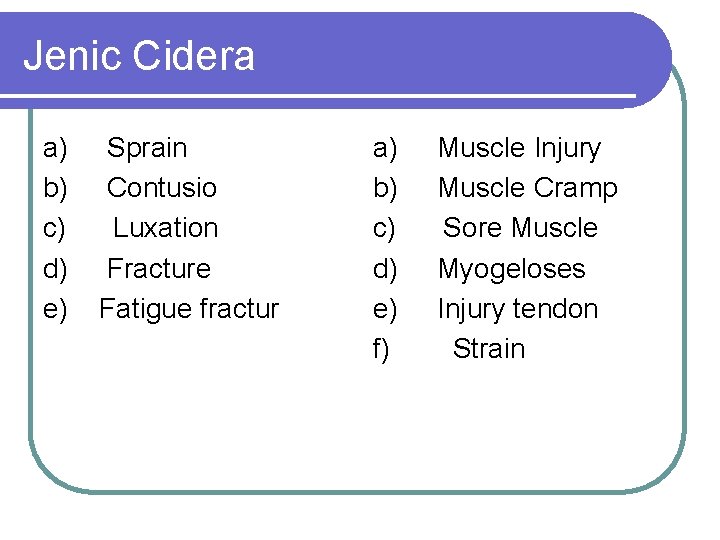 Jenic Cidera a) b) c) d) e) Sprain Contusio Luxation Fracture Fatigue fractur a)