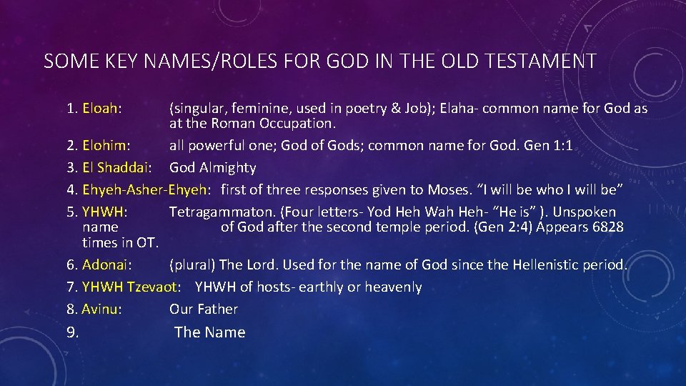 SOME KEY NAMES/ROLES FOR GOD IN THE OLD TESTAMENT 1. Eloah: (singular, feminine, used