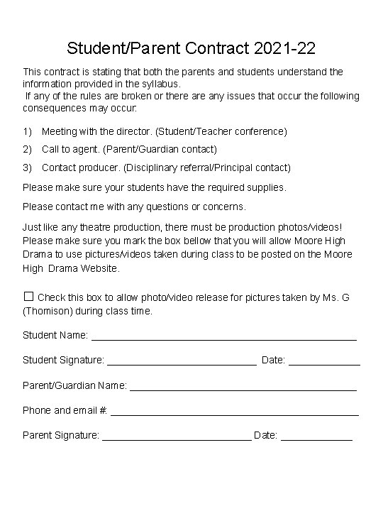 Student/Parent Contract 2021 -22 This contract is stating that both the parents and students