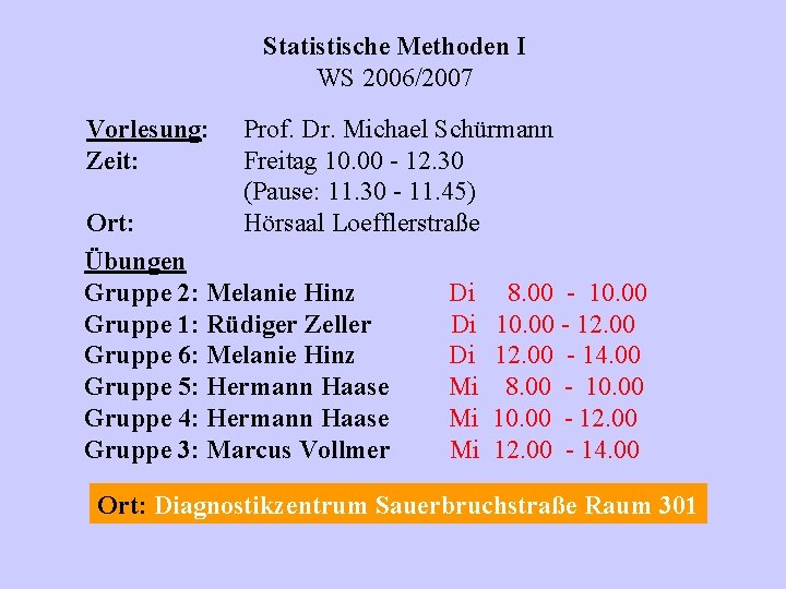 Statistische Methoden I WS 2006/2007 Vorlesung: Zeit: Prof. Dr. Michael Schürmann Freitag 10. 00