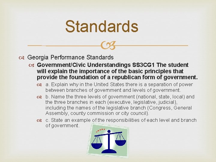 Standards Georgia Performance Standards Government/Civic Understandings SS 3 CG 1 The student will explain