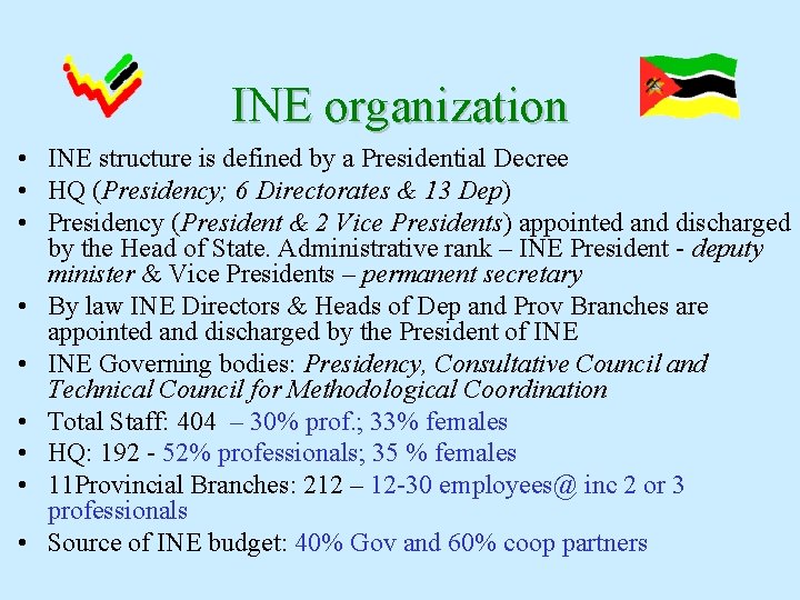 INE organization • INE structure is defined by a Presidential Decree • HQ (Presidency;