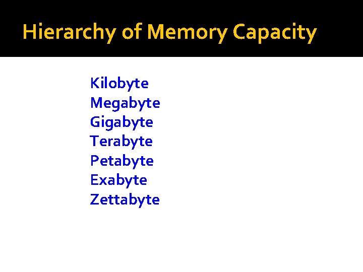 Hierarchy of Memory Capacity Kilobyte Megabyte Gigabyte Terabyte Petabyte Exabyte Zettabyte 