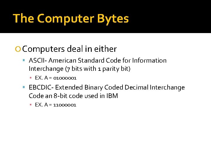 The Computer Bytes Computers deal in either ASCII- American Standard Code for Information Interchange