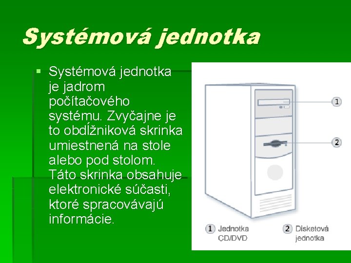 Systémová jednotka § Systémová jednotka je jadrom počítačového systému. Zvyčajne je to obdĺžniková skrinka