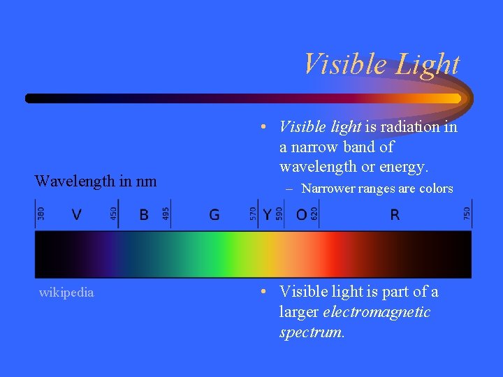 Visible Light Wavelength in nm wikipedia • Visible light is radiation in a narrow