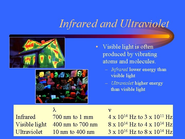 Infrared and Ultraviolet • Visible light is often produced by vibrating atoms and molecules.