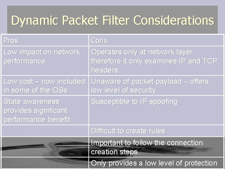 Dynamic Packet Filter Considerations Pros Cons Low impact on network performance. Operates only at Dynamic Packet Filter Considerations Pros Cons Low impact on network performance. Operates only at