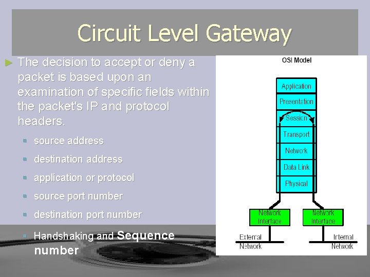 Circuit Level Gateway ► The decision to accept or deny a packet is based Circuit Level Gateway ► The decision to accept or deny a packet is based