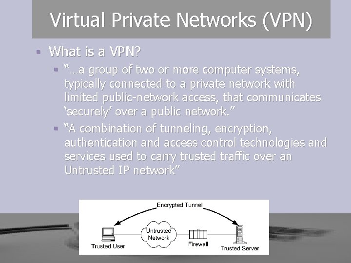 Virtual Private Networks (VPN) § What is a VPN? § “…a group of two Virtual Private Networks (VPN) § What is a VPN? § “…a group of two