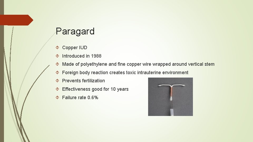 Paragard Copper IUD Introduced in 1988 Made of polyethylene and fine copper wire wrapped