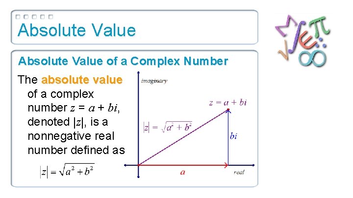 Absolute Value of a Complex Number The absolute value of a complex number z