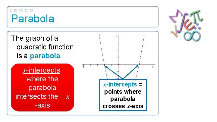 Parabola The graph of a quadratic function is a parabola x-intercepts: where the parabola
