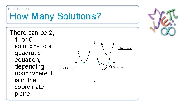 How Many Solutions? There can be 2, 1, or 0 solutions to a quadratic