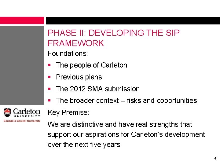 PHASE II: DEVELOPING THE SIP FRAMEWORK Foundations: § The people of Carleton § Previous PHASE II: DEVELOPING THE SIP FRAMEWORK Foundations: § The people of Carleton § Previous