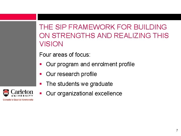 THE SIP FRAMEWORK FOR BUILDING ON STRENGTHS AND REALIZING THIS VISION Four areas of THE SIP FRAMEWORK FOR BUILDING ON STRENGTHS AND REALIZING THIS VISION Four areas of