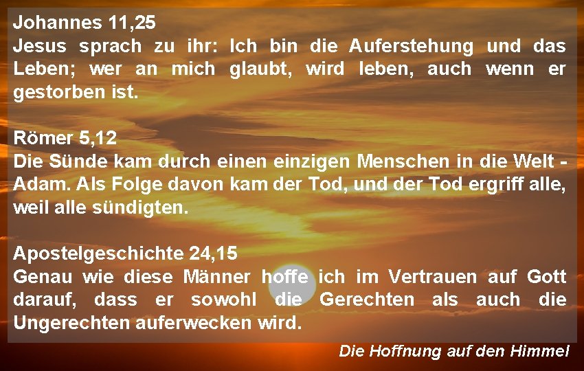 Johannes 11, 25 Jesus sprach zu ihr: Ich bin die Auferstehung und das Leben;