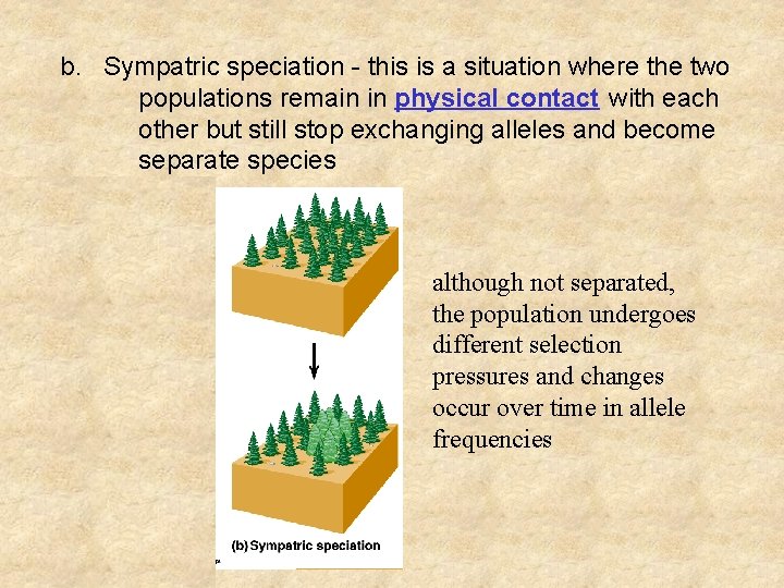 b. Sympatric speciation - this is a situation where the two populations remain in